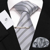 lasanderss.store Argenté Cravate rayée boutons de manchette 4 Pcs