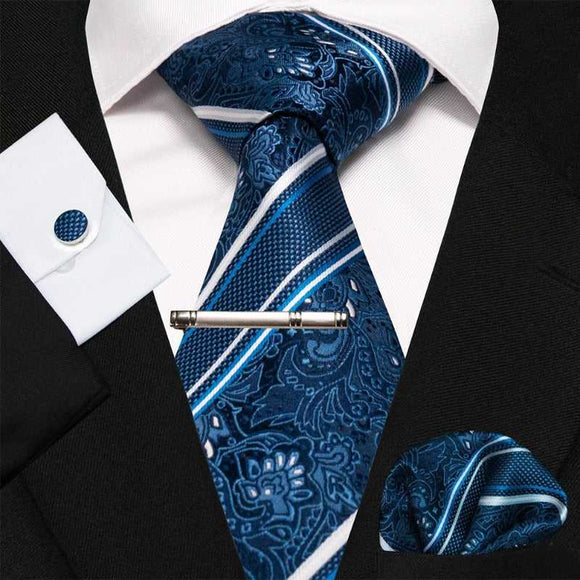 lasanderss.store Bleu/Blanc Cravate rayée boutons de manchette 4 Pcs
