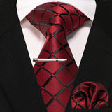 lasanderss.store cravate pochette à carreaux en soie et pinces à cravate pour homme