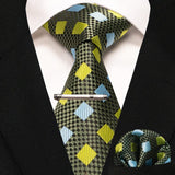 lasanderss.store cravate pochette à carreaux en soie et pinces à cravate pour homme