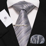 lasanderss.store Gris Cravate en soie rayée boutons de manchette mouchoir 4 Pcs