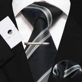 lasanderss.store Gris Cravate rayée boutons de manchette 4 Pcs