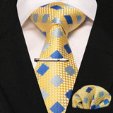 lasanderss.store Jaune/Bleu cravate pochette à carreaux en soie et pinces à cravate pour homme
