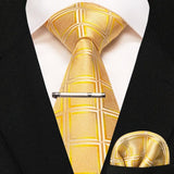 lasanderss.store Jaune cravate pochette à carreaux en soie et pinces à cravate pour homme