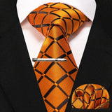 lasanderss.store Noir/Jaune cravate pochette à carreaux en soie et pinces à cravate pour homme