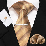 lasanderss.store Or Cravate en soie rayée boutons de manchette mouchoir 4 Pcs