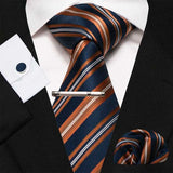 lasanderss.store Orange Cravate en soie rayée boutons de manchette mouchoir 4 Pcs