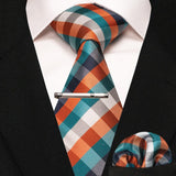 lasanderss.store Orange cravate pochette à carreaux en soie et pinces à cravate pour homme