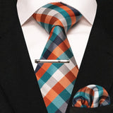 lasanderss.store Orange cravate pochette à carreaux en soie et pinces à cravate pour homme