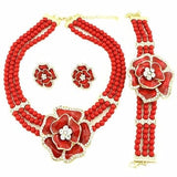 lasanderss.store Rouge Collier en perles boucles d'oreilles bracelet- Ensemble de bijoux 3pcs