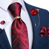 Cravates en soie rouge avec anneau broche pour homme