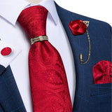Cravates en soie rouge avec anneau broche pour homme